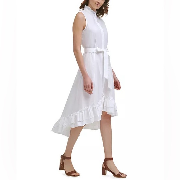NEW CALVIN KLEIN Cotton Ruffled Mock-Neck High Low Midi Dress - Picture 3 of 7